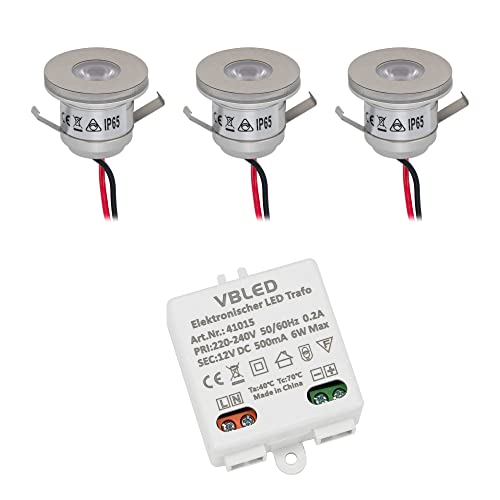 3er Set 1W Mini-Einbauspot Inkl. 12W Nicht dimmbar LED Trafo IP65 wasserdicht 12V DC von VBLED