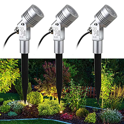 VBLED 3er-Set 6W Gartenleuchte Gartenstrahler Silber 3000K 12V Warmweiß mit Erdspieß IP68 Wasserdicht mit Stecker für Außen Garten Rasen von VBLED