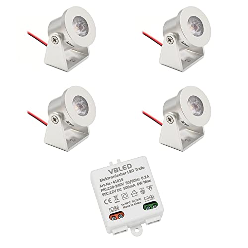 VBLED 4er Set 1W Mini Aufbau-Strahler Rotier- & Schwenkbar 80lm warmweiß mit 6W 12VDC Netzteil von VBLED