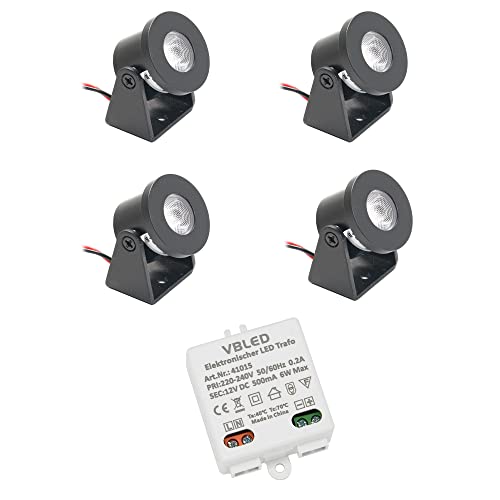 VBLED 4er Set 1W Mini Aufbau-Strahler Rotier- & Schwenkbar 80lm warmweiß mit 6W 12VDC Netzteil von VBLED