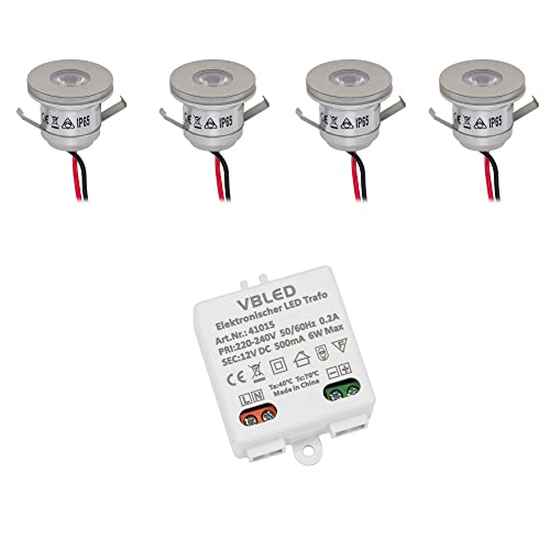 VBLED 4er Set 1W Mini-Einbauspot leuchtet vorne & seitlich 3000K LED-Mini Kleine Deckenleuchte Einbaustrahler Einbauleuchte Deckenleuchte Einbauleuchte Einbaustrahler Inkl. LED Trafo 12V DC von VBLED