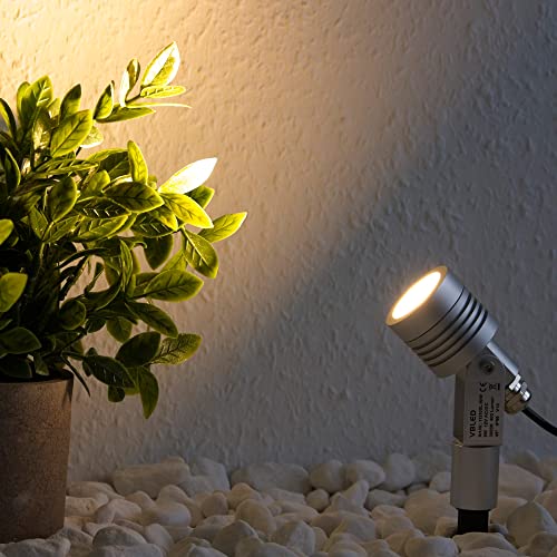 VBLED 6W Gartenstrahler Außenstrahler Silber mit Erdspieß 330 Lumen, warmweiß 3000K, 12 Volt Aluminium, IP67 wasserdicht von VBLED