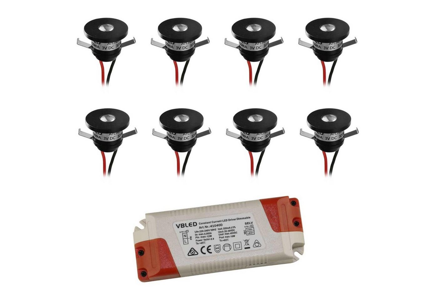 VBLED LED Einbauleuchte 1W LED Aluminium Mini Einbaustrahler Set mit Netzteil - Schwarz, LED fest integriert von VBLED