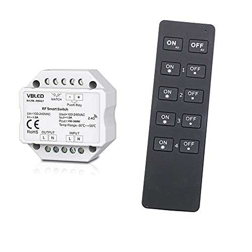 iNatus 2.4G Funk-Schalter Set Wand-Schalter 230V mit RF Fernbedienung 4-Kanal bis 345W und bis 30m Reichweite von VBLED