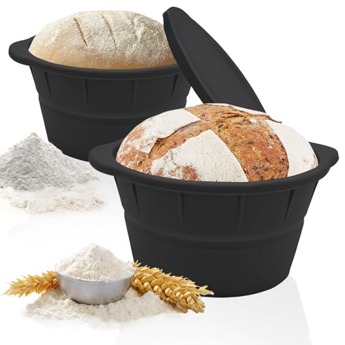 VBNZBK 2 Stück Gärkörbchen für Brot, 27 cm Silikon Brotbackzubehör, Bread Proofing Basket, Gärkorb zum Brotbacken, Zusammenklappbarer Silikon-Gärkorb, für Profibäcker und den Hausgebrauch(Schwarz) von VBNZBK