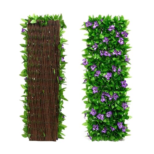 Erweiterbares Rankgitter für den Garten, 150 x 30 cm, erweiterbarer Gartenzaun-Sichtschutz mit künstlichem Efeu und violetter Blume, Garten-Rankgitter mit künstlichen Blättern, für Balkon von VBOOLAS