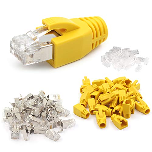 VCE (1. Gen. 20 Sets RJ45 Crimpstecker Cat7, Cat6A Netzwerkstecker POE für Verlegekabel 10GBit LAN RJ45 Stecker Metall geschirmt mit Einfädelhilfe und Knickschutz von VCE