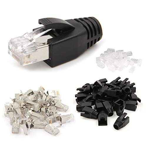 VCE (1. Gen. RJ45 Stecker CAT6A CAT7 RJ45 Crimpstecker für Verlegekabel Geschirmt mit Einfädelhilfe und Knickschutz 20 Stück von VCE