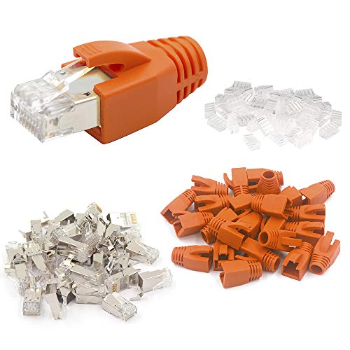 VCE RJ45 Stecker CAT7 CAT6A, 10X Netzwerkstecker POE, Lan Stecker für Verlegekabel, Installationskabel 10GBit Geschirmt mit Einfädelhilfe und Knickschutz von VCE