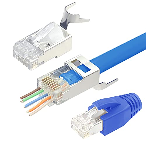 VCELINK 2. Gen. RJ45 Stecker Cat 7 Cat6A Netzwerkstecker Cat7 Cat6A Pass Through RJ45 Stecker für Verlegekabel Cat7 Cat6A Geschirmt mit Einfädelhilfe und Knickschutz 20 Stück Blau von VCELINK