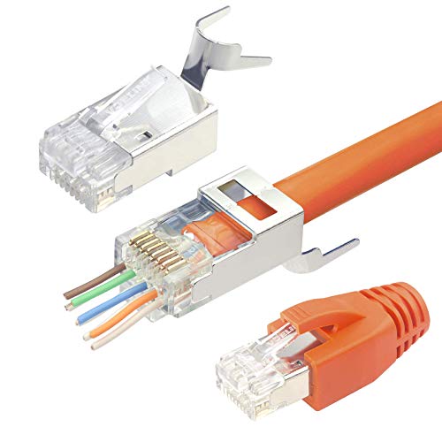 VCELINK 2. Gen. RJ45 Stecker Cat 7 Cat6A Netzwerkstecker Cat7 Cat6A Pass Through RJ45 Stecker für Verlegekabel Cat7 Cat6A Geschirmt mit Einfädelhilfe und Knickschutz 20 Stück SJ657 von VCELINK