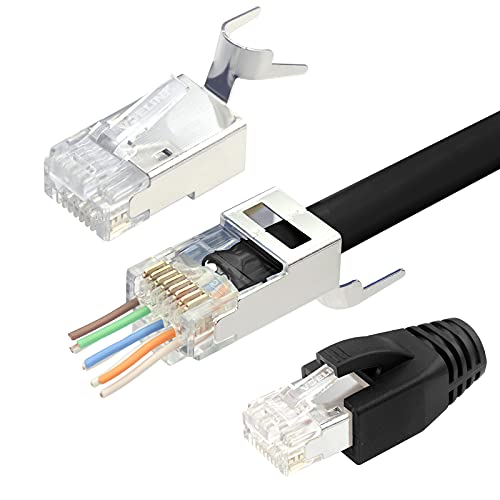 VCELINK 2. Gen. RJ45 Stecker Cat 7 Cat6A Netzwerkstecker Cat7 Pass Through RJ45 Stecker für Verlegekabel Cat7 Cat6A Geschirmt mit Einfädelhilfe und Knickschutz 20 Stück Schwarz von VCELINK