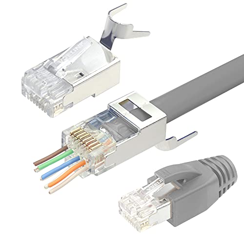 VCELINK 2. Gen. RJ45 Stecker Cat 7 Netzwerkstecker Cat7 Cat6A Pass Through RJ45 Stecker für Verlegekabel Cat7 Cat6A Geschirmt mit Einfädelhilfe und Knickschutz Grau 10 Stück von VCELINK