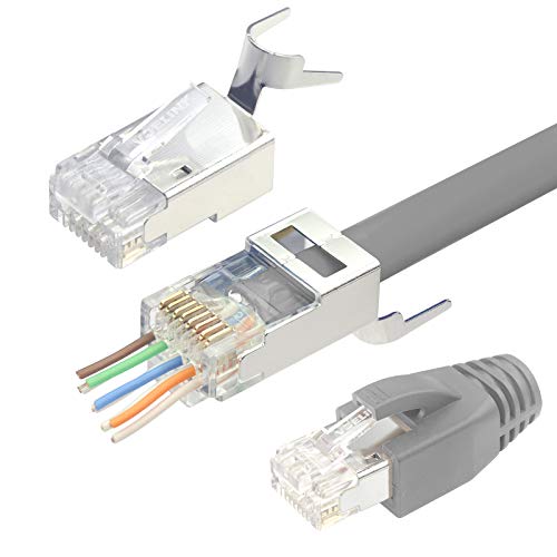 VCELINK 2. Gen. RJ45 Stecker Cat 7 Cat6A Netzwerkstecker Cat7 Cat6A Pass Through RJ45 Stecker für Verlegekabel Cat7 Geschirmt mit Einfädelhilfe und Knickschutz Grau 20 Stück von VCELINK