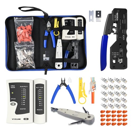 VCELINK Netzwerk Werkzeug Set, RJ45 Crimpzange mit 20 x RJ45 Stecker Cat7/Cat6a Pass Through, Netzwerktester, LSA Auflegewerkzeug, Abisolierzange, Profi RJ45/RJ11/RJ12 Reparaturwerkzeuge, Stofftasche von VCELINK