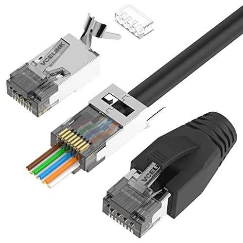 VCELINK RJ45 Stecker Cat 7 Cat6A Geschirmter Netzwerkstecker 8P8C Pass Through Lan Stecker POE für Verlegekabel mit Einfädelhilfe und Knickschutz, Schwarz, 20 Stück von VCELINK