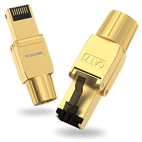 VCELINK RJ45 Stecker Werkzeuglos Cat 7 Cat6a, Netzwerkstecker POE++, Cat 7 Stecker 10 Gbps 600MHz Geschirmter, LAN Stecker mit LSA Anschluss für Installationskabel Verlegekabel, Golden, 2 Stück von VCELINK