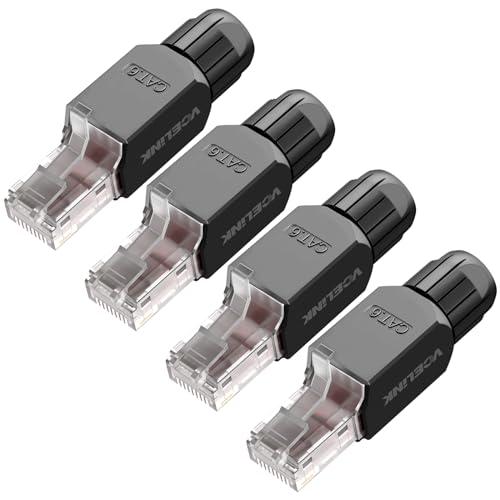 VCELINK RJ45 Stecker Werkzeuglos Cat6 Lan Stecker Werkzeugfreie Vergoldete, Cat6 UTP Modular Netzwerkstecker (LSA) für Verlegekabel, Schwarz, 4 Stück von VCELINK