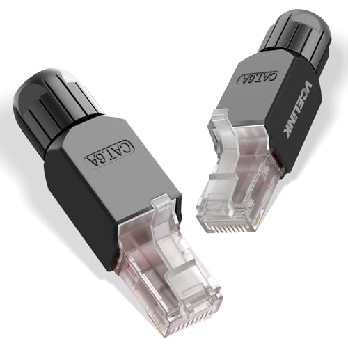 VCELINK RJ45 Stecker Werkzeuglos Cat6A, Lan Stecker Werkzeugfreie Vergoldete, Cat6A Modular Netzwerkstecker (LSA) für Verlegekabel, Schwarz, 2 Stück von VCELINK