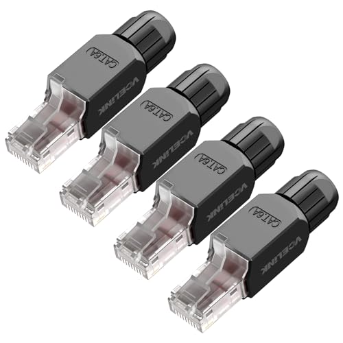 VCELINK RJ45 Stecker Werkzeuglos Cat6A, Lan Stecker Werkzeugfreie Vergoldete, Cat6A Modular Netzwerkstecker (LSA) für Verlegekabel, Schwarz, 4 Stück von VCELINK