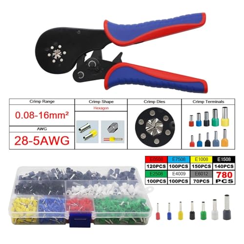 0,08-16mm Präzisions-Crimpzan & Terminals Set 28-5AWG Rohr Schnürsenkel VE & TE Terminals Handwerkzeu Elektriker Crimper CLB16-6 Für Elektriker und Mechaniker(CLB 16-6 780 SET) von VCHICS
