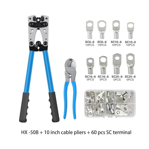 Crimpzange, Rohrklemmen-Crimper, Sechskant-Crimpwerkzeug, Multitool, Batteriekabelschuh, Kabel, Handwerkzeuge HX-50B, 6–50 mm², AWG 10–0 Für Elektriker und Mechaniker(HX-50B 60pcs Set) von VCHICS