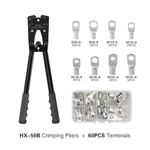 Crimpzange, Rohrklemmen-Crimper, Sechskant-Crimpwerkzeug, Multitool, Batteriekabelschuh, Kabel, Handwerkzeuge HX-50B, 6–50 mm², AWG 10–0 Für Elektriker und Mechaniker(HX-50B H 60pcs) von VCHICS