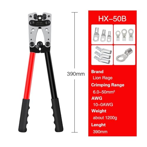 Crimpzange, Rohrklemmen-Crimper, Sechskant-Crimpwerkzeug, Multitool, Batteriekabelschuh, Kabel, Handwerkzeuge HX-50B, 6–50 mm², AWG 10–0 Für Elektriker und Mechaniker(HX-50B red) von VCHICS