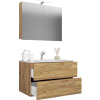 3-tlg. Waschplatz "Badinos 2 Schubfächer" 80cm | Mit Spiegelschrank Honig-Eiche von VCM