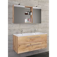3-tlg. Waschplatz Budasi Spiegelschrank Honig-Eiche von VCM
