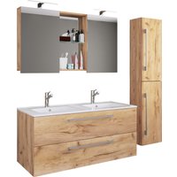 4-tlg. Waschplatz Budasi Spiegelschrank mit Hochschrank Honig-Eiche von VCM