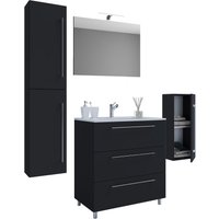 5-tlg. Stand-Waschplatz "Badinos 3 Schubfächer" 60 cm | Mit Spiegel + Midi-/Hochschrank Schwarz von VCM
