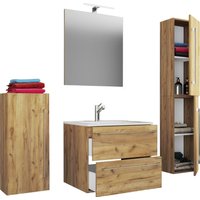 5-tlg. Waschplatz "Badinos 2 Schubfächer" 60 cm | Mit Spiegel und Midi- / Hochschrank Honig-Eiche 5-tlg. Waschplatz "Badinos 2 Schubfächer" 60 cm | Mit Spiegel und Midi- / Hochschrank Honig-Eiche von VCM