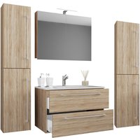 5-tlg. Waschplatz "Badinos 2 Schubfächer" 80 cm | Mit Spiegelschrank + Hochschränke Sonoma-Eiche von VCM