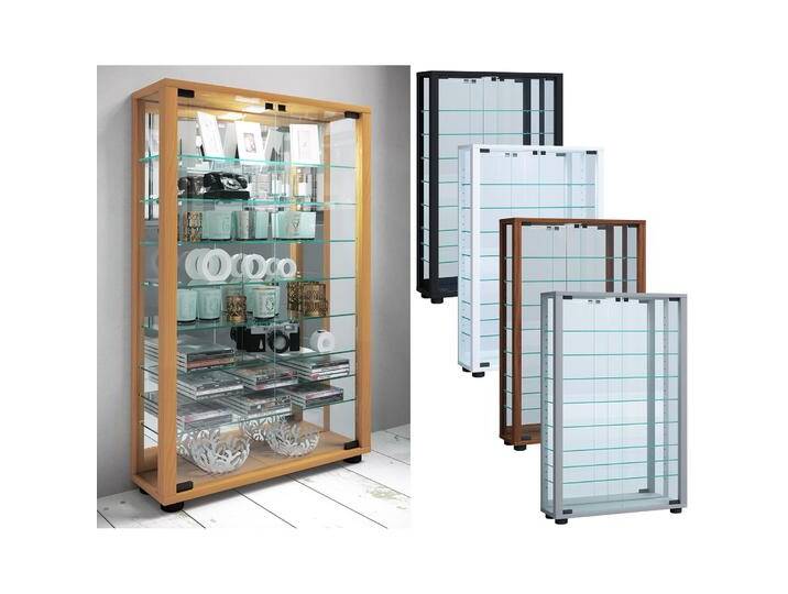 VCM, Vitrine + Buffetschrank, Sammelvitrine Standvitrine Glasvitrine Glasregal Vitrine Glas Schaukasten Lumo Mini Spiegel (59 x 18 x 91 cm) von VCM