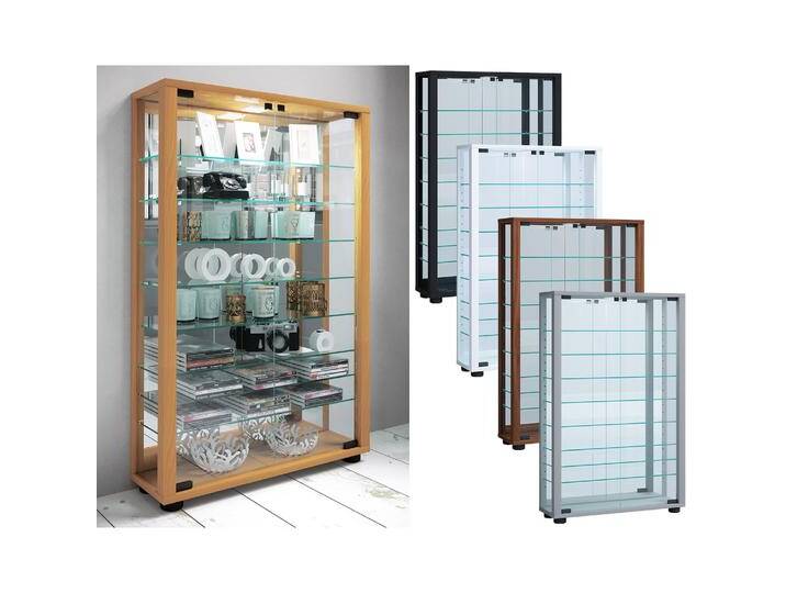 VCM, Vitrine + Buffetschrank, Sammelvitrine Standvitrine Glasvitrine Glasregal Vitrine Glas Schaukasten Lumo Mini Spiegel (59 x 18 x 91 cm) von VCM