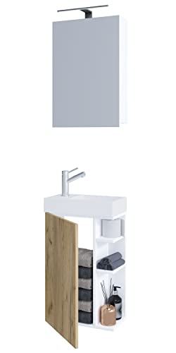 VCM 3-TLG Set | Waschplatz für Gäste WC | Gästebad | Waschtisch mit Spiegelschrank | Badezimmer Set – Lumia Weiß/Honig-Eiche von VCM
