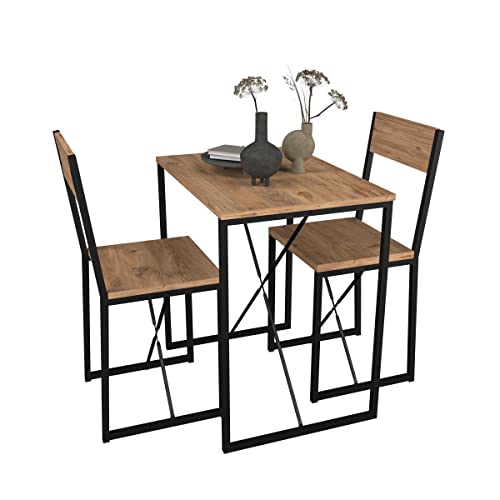 VCM 3-TLG. Holz Metall Essgruppe Küchentisch Esstisch Set Tischgruppe Tisch Stühle Insasi M Honig-Eiche von VCM