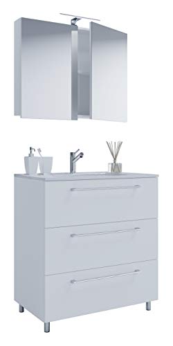 VCM 3-TLG. Stand Waschplatz Set Waschtisch Waschbecken Keramik Badinos 3 Schubladen Spiegelschrank 60, Weiß von VCM