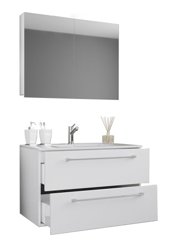 VCM 3-TLG. Waschplatz Waschtisch | Waschbecken Unterschrank Breite 80 cm | Badmöbel Set hängend mit Zwei Schubladen Spiegelschrank | Badinos von VCM