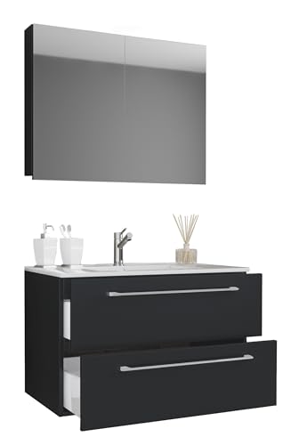VCM 3-TLG. Waschplatz Waschtisch | Waschbecken Unterschrank Breite 80 cm | Badmöbel Set hängend mit Zwei Schubladen Spiegelschrank | Badinos von VCM