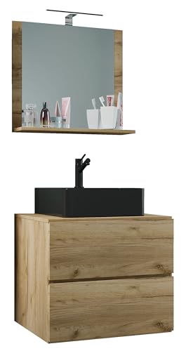 VCM 3-TLG. Waschplatz Waschtisch | schwarzes Waschbecken Unterschrank Breite 60 cm | Badmöbel Set mit Schubladen Spiegel | Lendas S BL von VCM