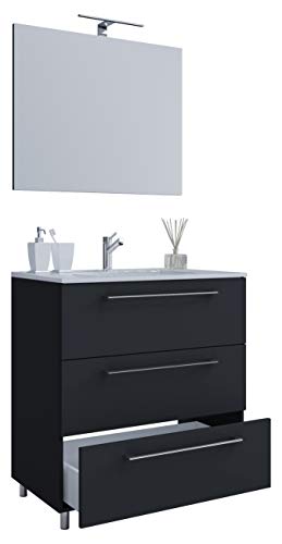 VCM 3-TLG. Waschplatz Waschtisch | Waschbecken Unterschrank Breite 60 cm | Badmöbel Set stehend mit DREI Schubladen Spiegel | Badinos von VCM