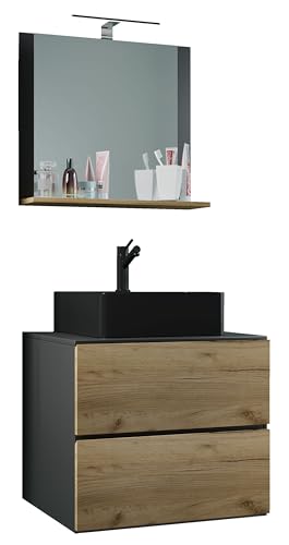 VCM 3-TLG. Waschplatz Waschtisch | schwarzes Waschbecken Unterschrank Breite 60 cm | Badmöbel Set mit Schubladen Spiegel | Lendas S BL von VCM