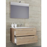 3-tlg. Waschplatz 60cm 2 Schubfächer | Mit Spiegel Sonoma-Eiche von VCM