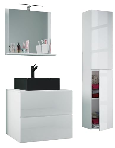 VCM 4-TLG. Waschplatz Waschtisch | schwarzes Waschbecken Unterschrank Breite 60 cm | Badmöbel Set mit Schubladen Drehtüren Spiegel | Lendas S BL von VCM