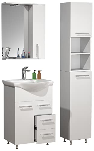 VCM 4-TLG. Waschplatz Waschtisch Badmöbel Set Waschbecken Schublade Spiegelschrank Lisalo L Weiß von VCM
