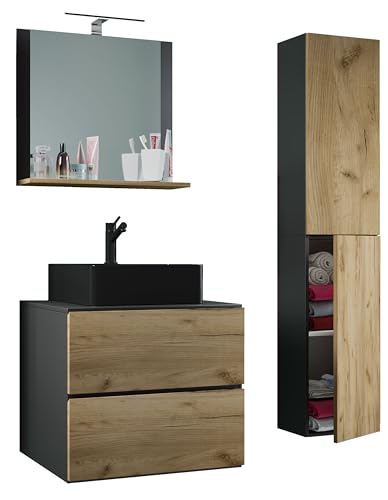 VCM 4-TLG. Waschplatz Waschtisch | schwarzes Waschbecken Unterschrank Breite 60 cm | Badmöbel Set mit Schubladen Drehtüren Spiegel | Lendas S BL von VCM