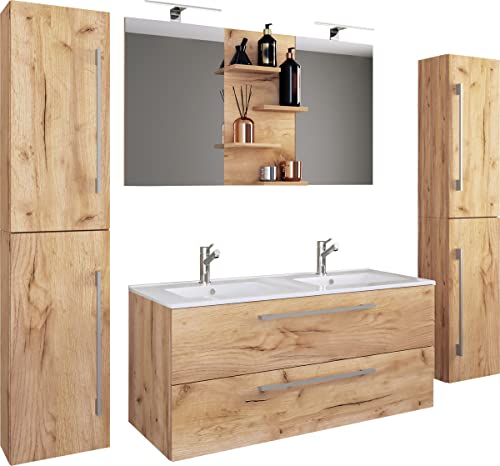 VCM 5-TLG. Doppel Waschplatz | 2X Waschtisch | Badmöbel Set mit Unterschrank, Waschbecken, 2X Hochschrank und Spiegel | Doppelwaschbecken | Komplettset Budasi SP von VCM