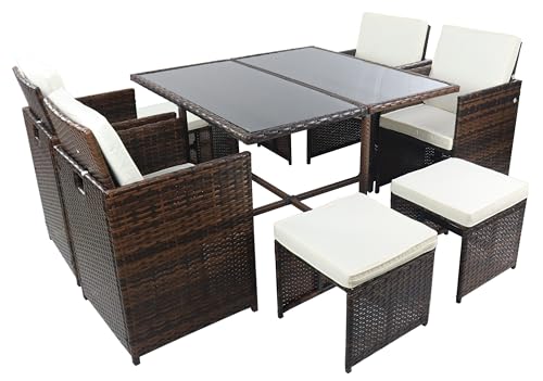 VCM 9-TLG Gartenmöbel Sitzgruppe Gartenmöbel Glas Tisch Stühle Rattan Raloso Braun von VCM